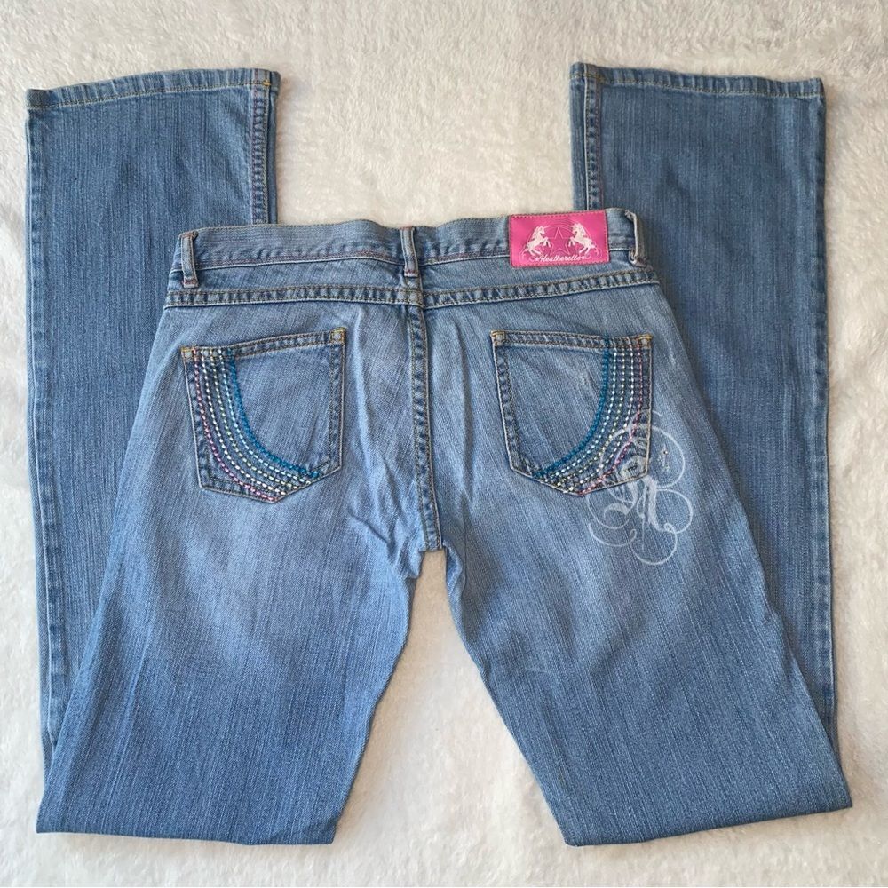 Y2K Heatherette Low Rise Flare‎ Jeans Unicorn Embellished Pockets Size 3 / 5